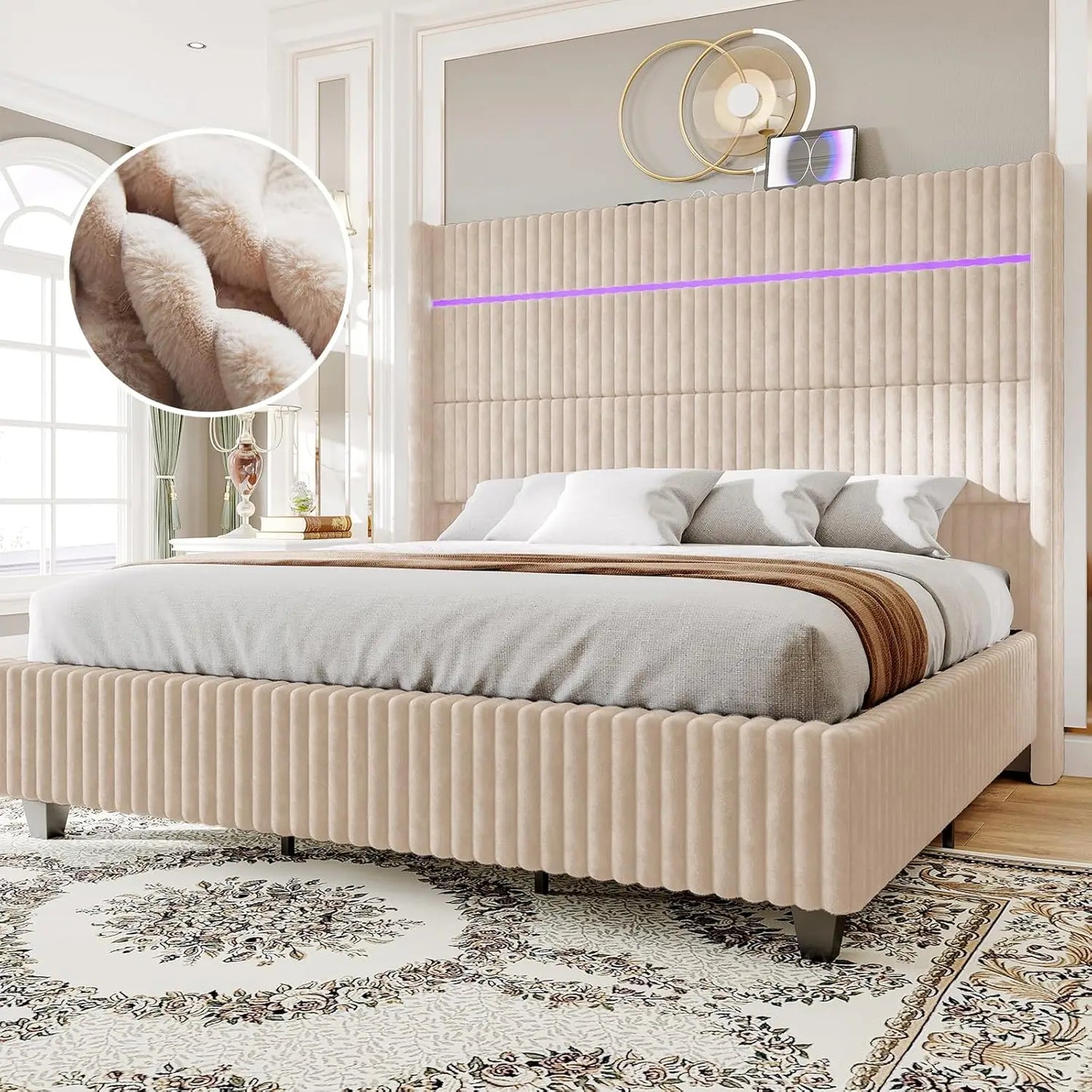 Queen Bed Frame with LED Lights, Corduroy Upholstered Platform Bed Frame with 60" Tall Wingback Headboard and Charging Station