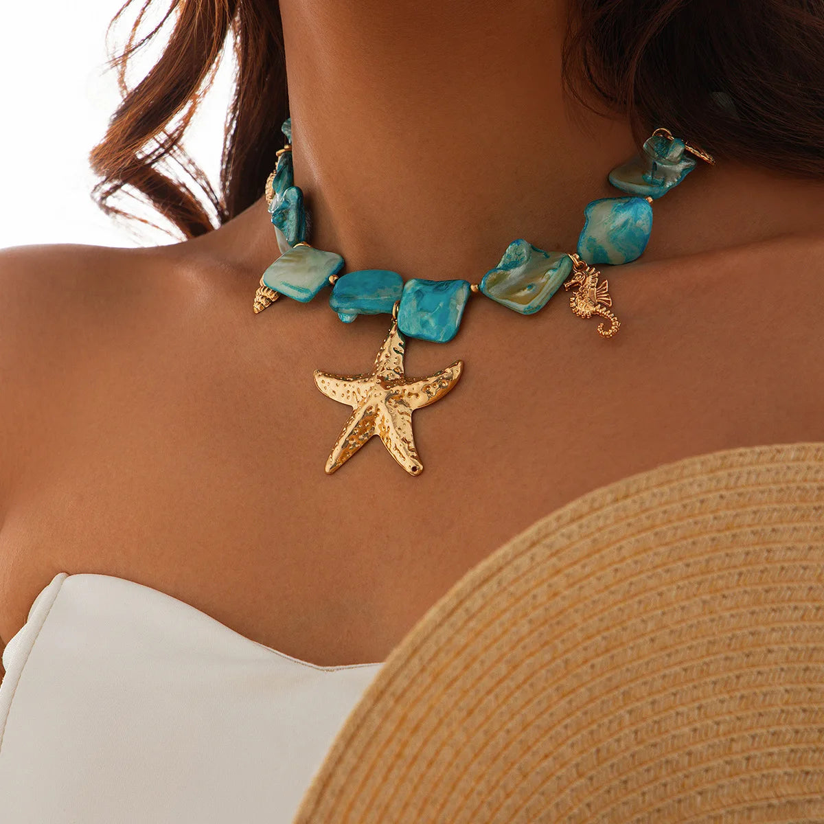 Boho Sea Turtle Sea Conch Sea Star Pendant Necklace 2024 Women's Simple Creative Blue Stone Weaving Girls Beach Jewelry