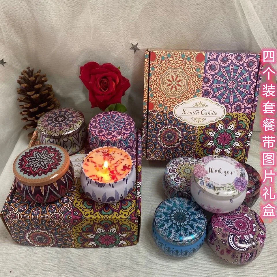 A set of 4 pieces Aromatherapy Candle Soy Wax Box Set, Romantic Christmas Box, Birthday Gift, Wedding Gift Dried flower candle