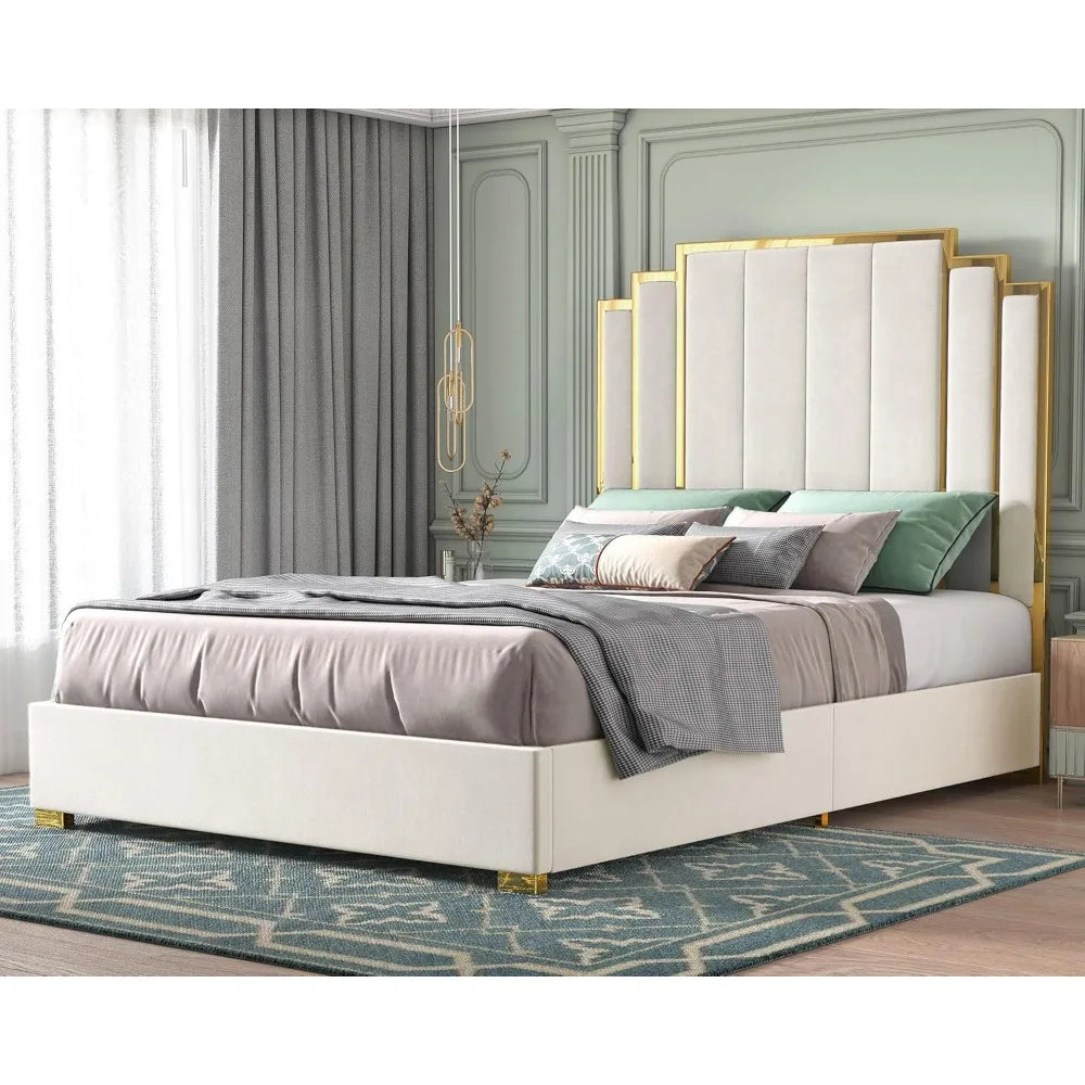 Bed Frame and 61" Headboard, Upholstered Bed with Golden Plating Trim, Modern Platform Bed No Box Spring Needed