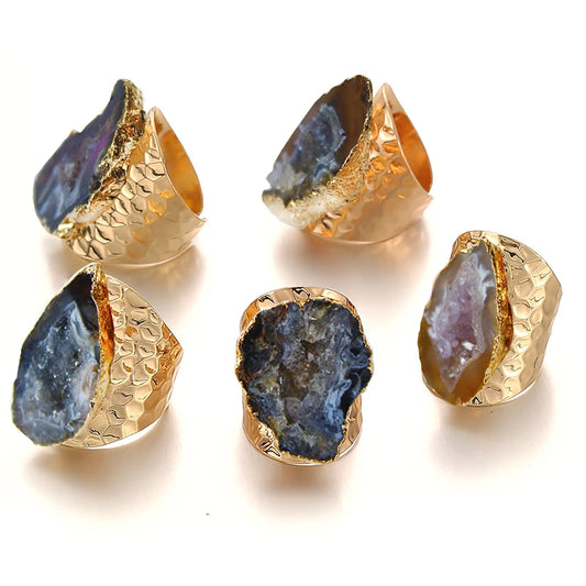 Irregular Raw Agate Slices Ring Geode Stone Adjustable Gold Plated Open Wide Gemstone Finger Handmade Jewelry