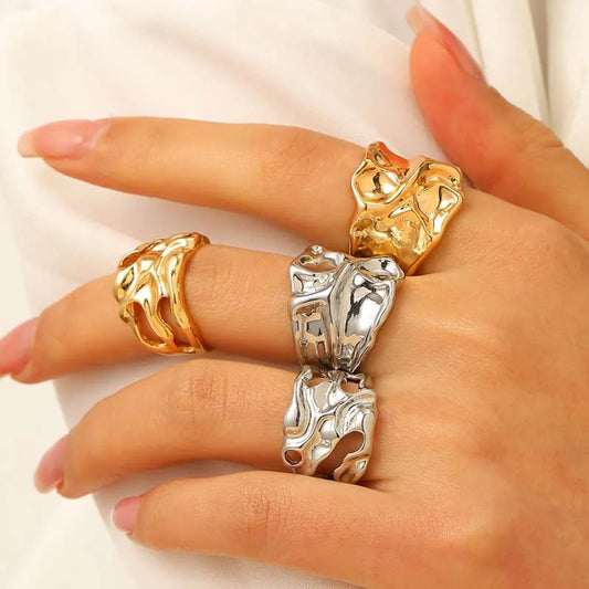 Fashion Gold Color Irregular Wrinkled Texture Wide Opening Rings for Women Vintage Metal Hollow Geometric Ring Jewelry Gift