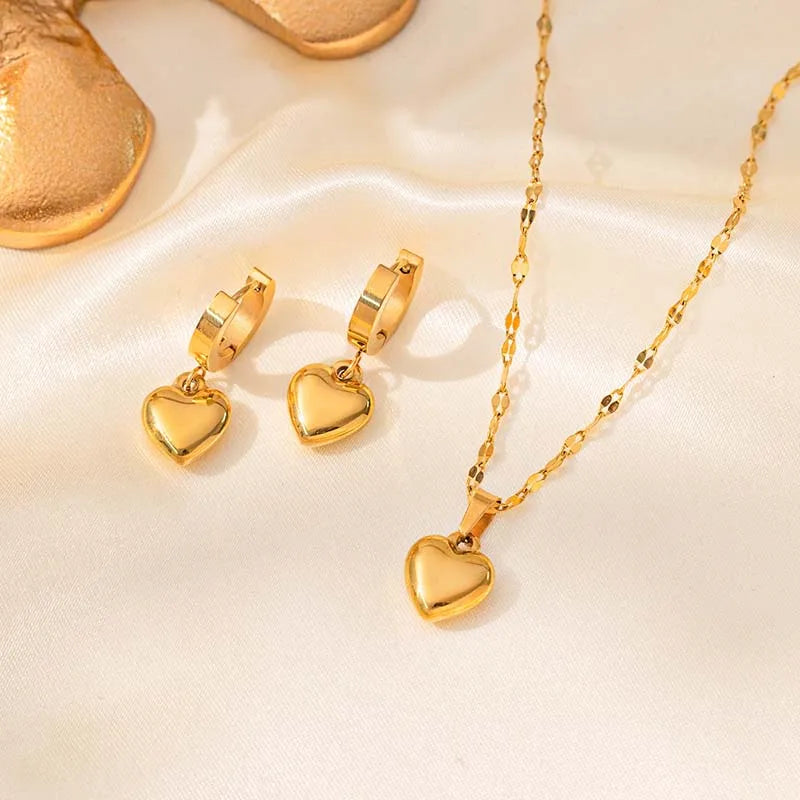 Stainless Steel Love Heart Pendant Necklace Earrings Set For Women 2025 New Trendy Gold Color Lip Chain Necklace Jewelry Gift