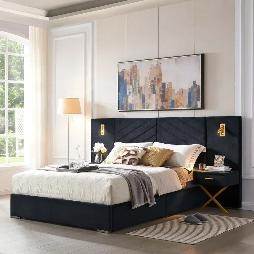 Luxury Bed Frame with Built-in Gold LED Lights and Nightstands,Platform Bed with Oversize Upholstered Headboard for bedrooms