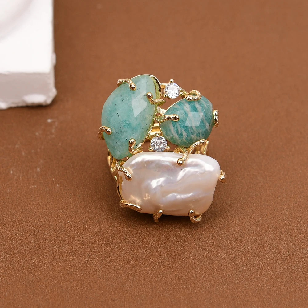 GG Natural White Keshi Pearl Green Amazonite Stone Gold Color Plated Rings Adjustable Ring For Lady