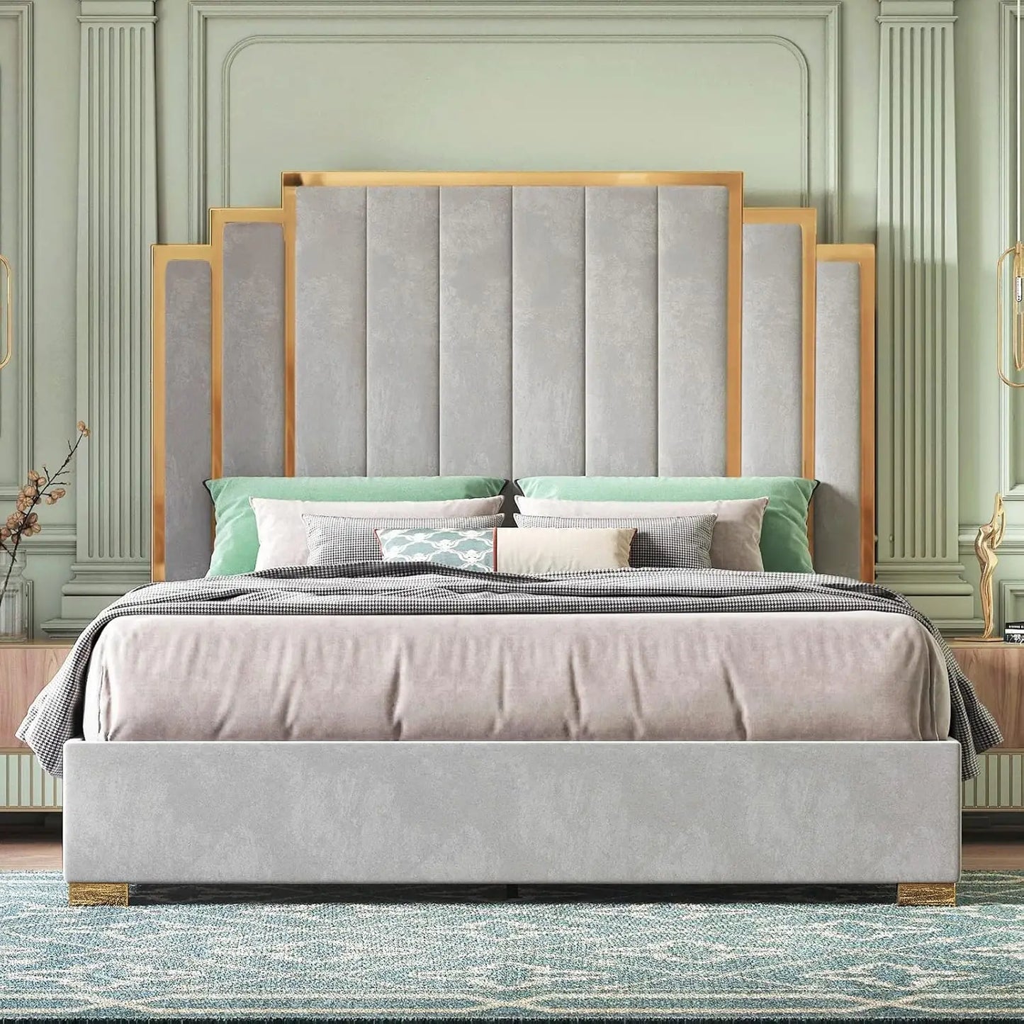 Bed Frame and 61" Headboard, Upholstered Bed with Golden Plating Trim, Modern Platform Bed No Box Spring Needed