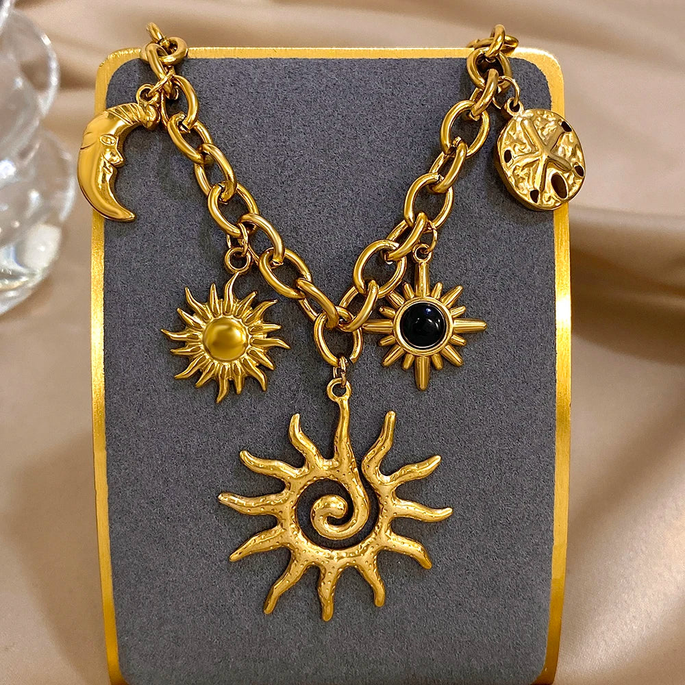 Vintage Chunky Chic Starfish Moon Sun Shaped Pendant Stainless Steel Charm Necklace Statement Golden Thick Chain Fashion Jewlery