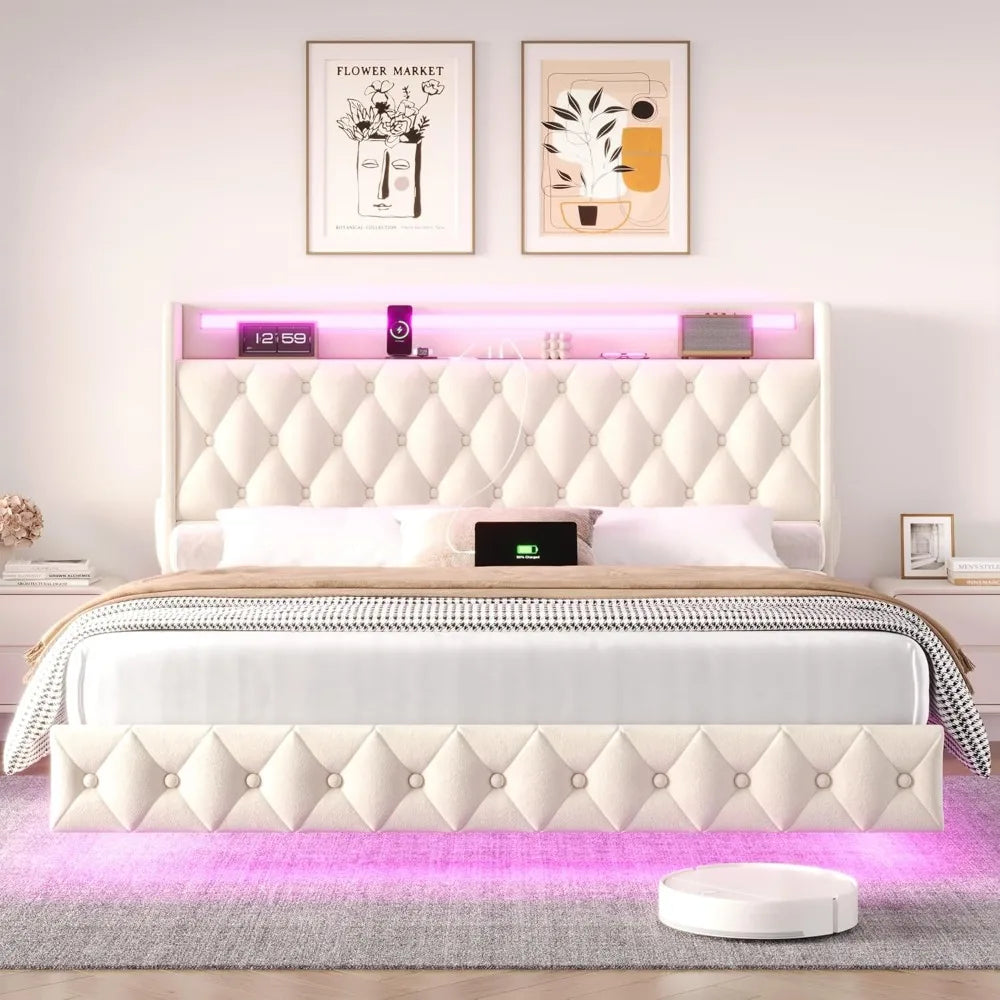 Floating Bed Frame Queen Size Platform with LED Lights, USB Charging Station Headboard Modern Upholstered Velvet Fabric Bed