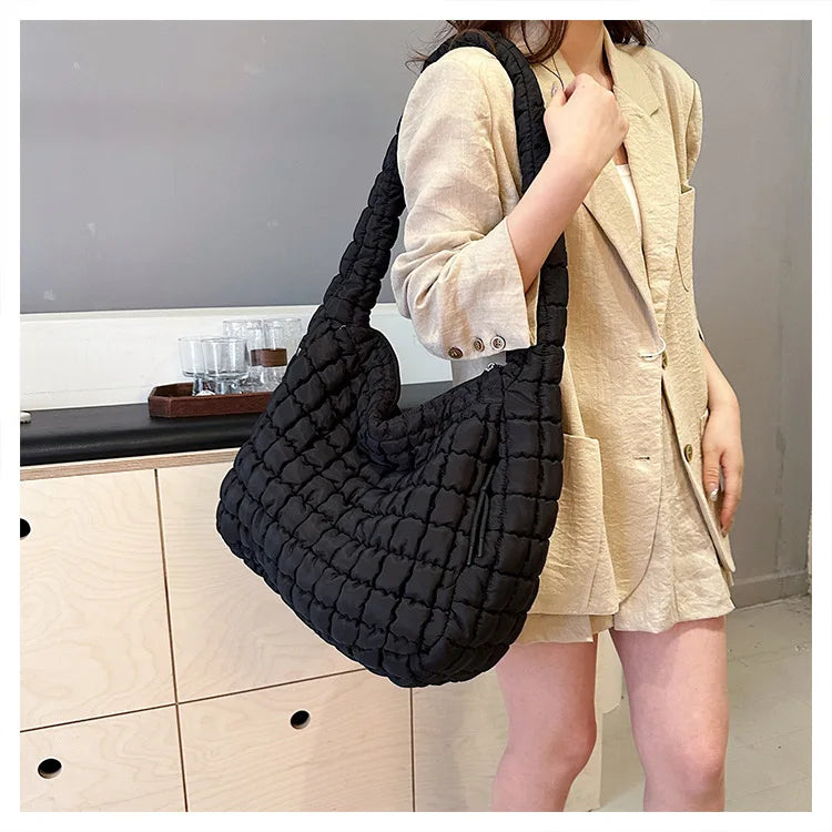 Casual Ruched Hobos Women Shoulder Bags Quilted Padded Crossbody Bag Large Capacity Nylon Puffer Tote Bag Big Shopper Purses