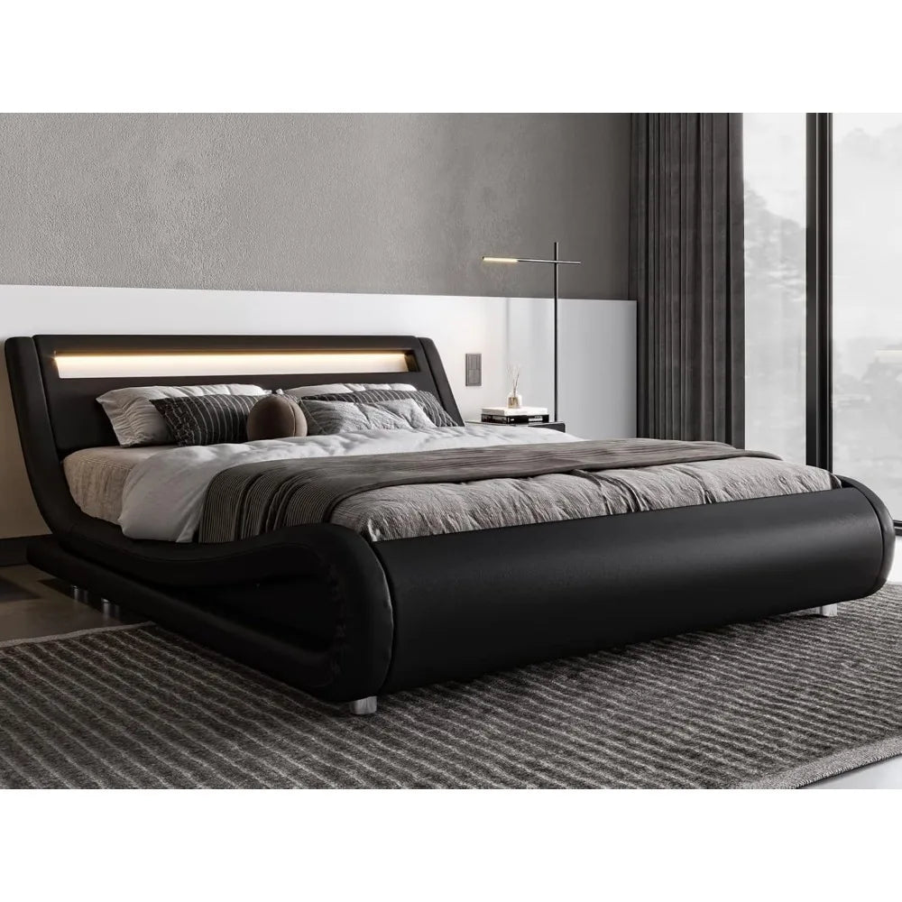 Beds, Full Size LED Platform Bed Frame with Adjustable Headboard/No Box Spring Need/Easy Assembly/Faux Leather in Black, Beds