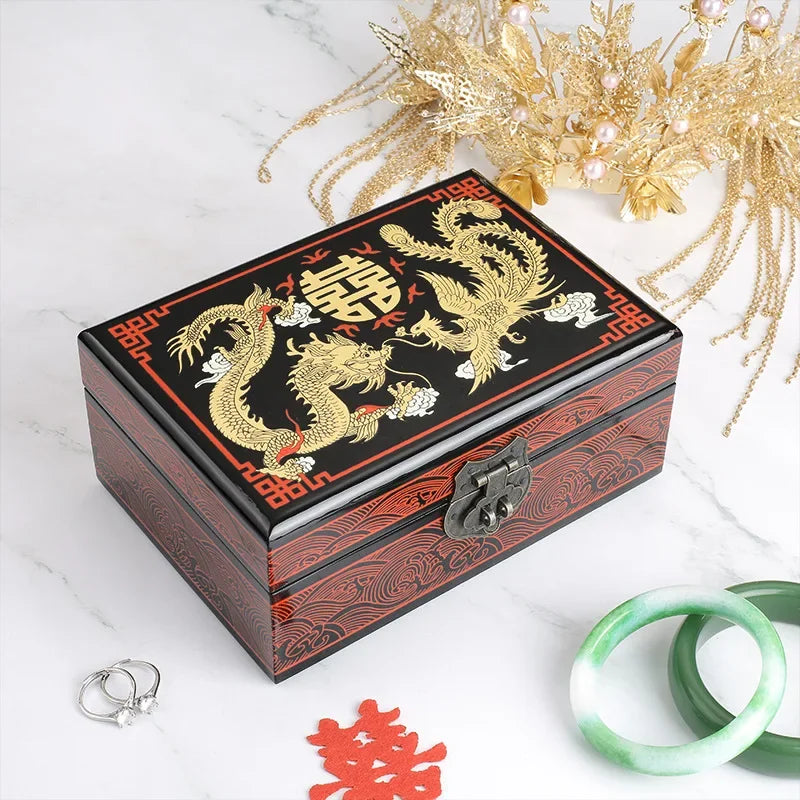 Muy Bien Chinese Style Wooden Jewelry Box Organizer Antiquity Push-gloss Lacquerware Makeup Jewelry Storage Case Wedding Gift