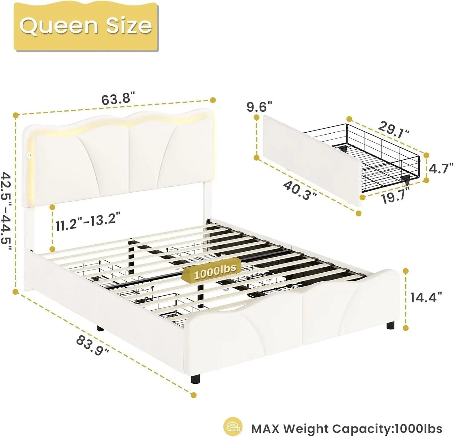 Queen size Bed Frame with Storage Drawers,Modern Velvet Upholstered Platform Bed with LED Headboard,for youth adult bedroom