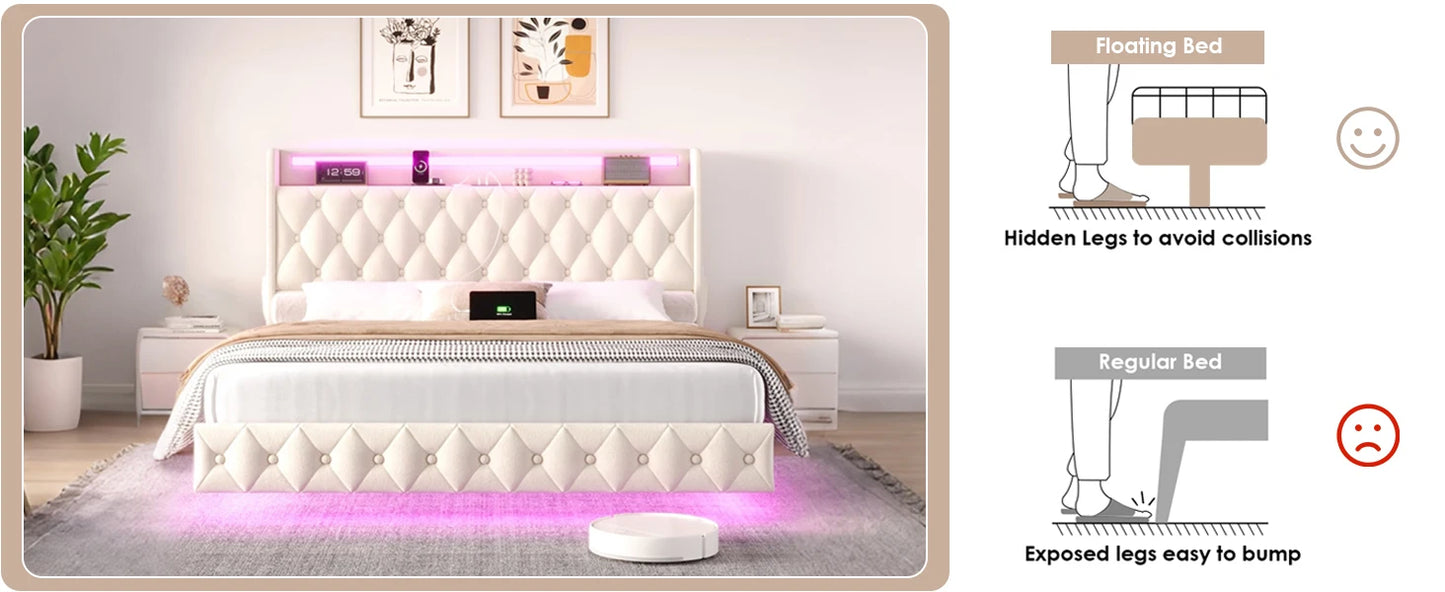 Floating Bed Frame Queen Size Platform with LED Lights, USB Charging Station Headboard Modern Upholstered Velvet Fabric Bed