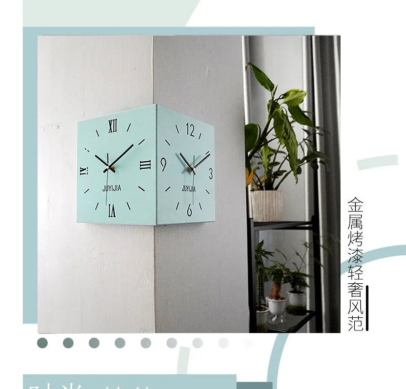 Living Room Glow Corner Clock Metal Double-sided Wall Hanging Clock Wall Decoration Bedroom Background Wall Sticker Silent Clock