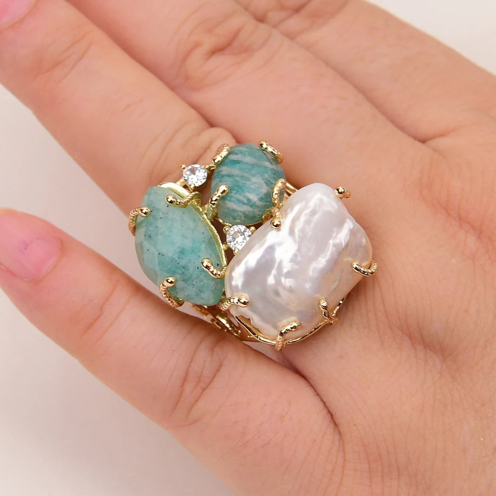 GG Natural White Keshi Pearl Green Amazonite Stone Gold Color Plated Rings Adjustable Ring For Lady