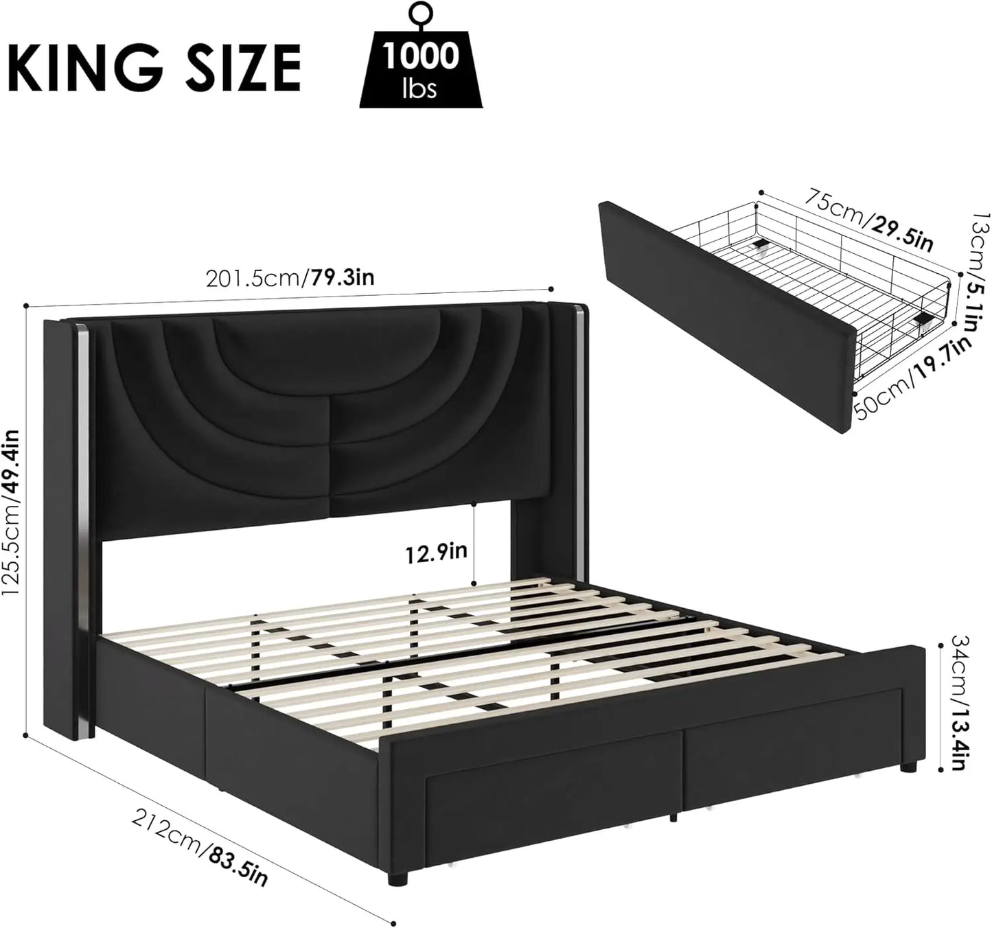 Full Upholstered LED Bed Frame with 2 Storage Drawers, Velvet Platform Bed with Wingback Headboard, Solid Wooden Slats Support