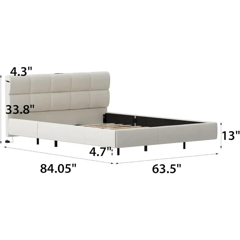 Queen Bed Frame with LED Lights & Linen Tufted Headboard & Charging Station, Strong Wooden Slats, No Box Spring Needed，Bed Frame