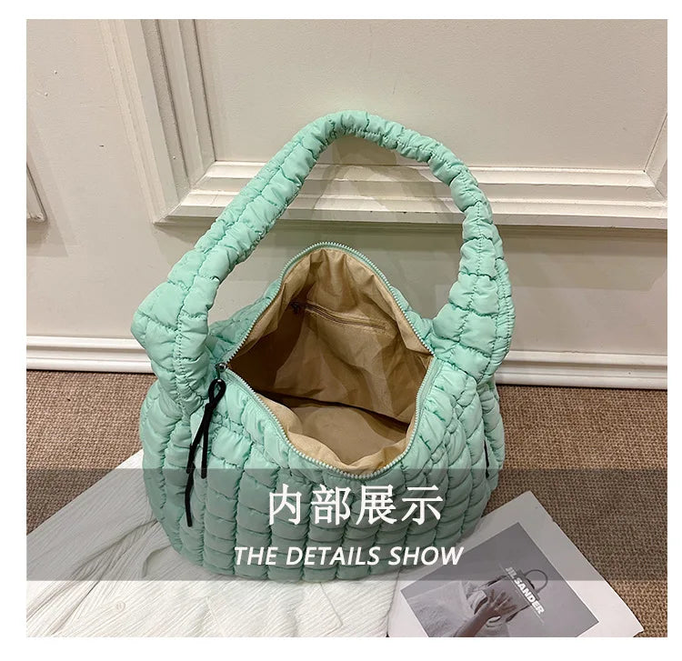 Casual Ruched Hobos Women Shoulder Bags Quilted Padded Crossbody Bag Large Capacity Nylon Puffer Tote Bag Big Shopper Purses