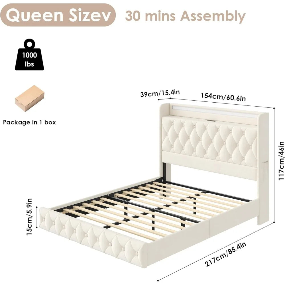 Floating Bed Frame Queen Size Platform with LED Lights, USB Charging Station Headboard Modern Upholstered Velvet Fabric Bed