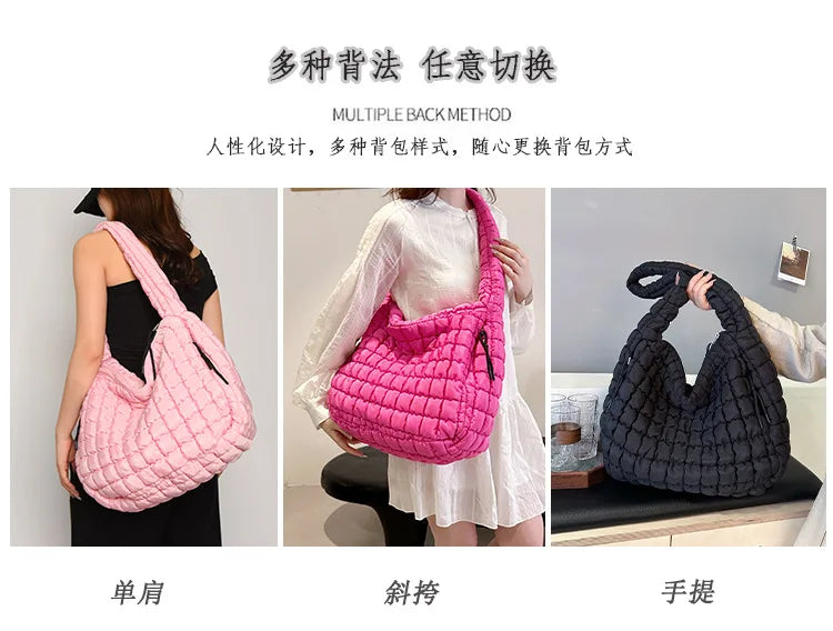 Casual Ruched Hobos Women Shoulder Bags Quilted Padded Crossbody Bag Large Capacity Nylon Puffer Tote Bag Big Shopper Purses