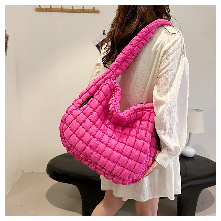 Casual Ruched Hobos Women Shoulder Bags Quilted Padded Crossbody Bag Large Capacity Nylon Puffer Tote Bag Big Shopper Purses