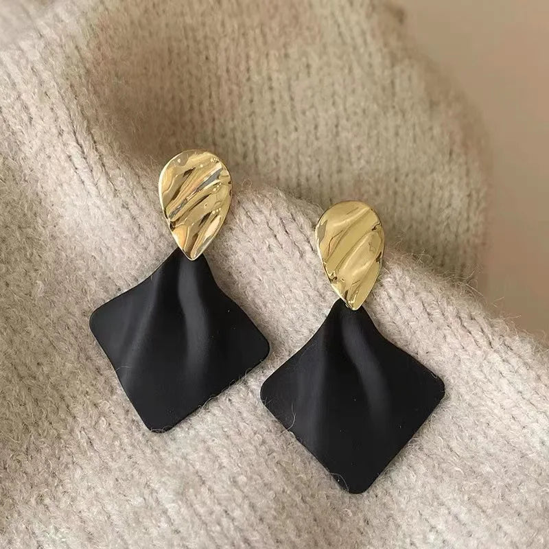 Double Color Rhombus Shape Dangle Earrings for Women Hollow Golden Metal Lattice Drop Earrings Geometry Party Punk Jewelry