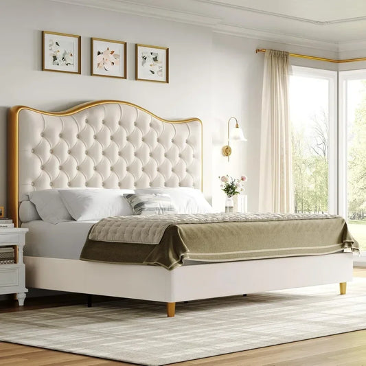 Size Platform Bed Frame with 55" Tall Curved Headboard, Modern Velvet Upholstered Bed Frame with Deep Tufted Button