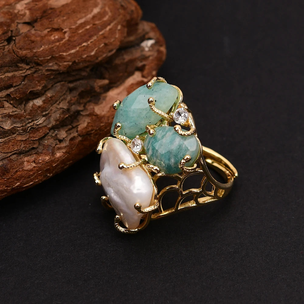 GG Natural White Keshi Pearl Green Amazonite Stone Gold Color Plated Rings Adjustable Ring For Lady