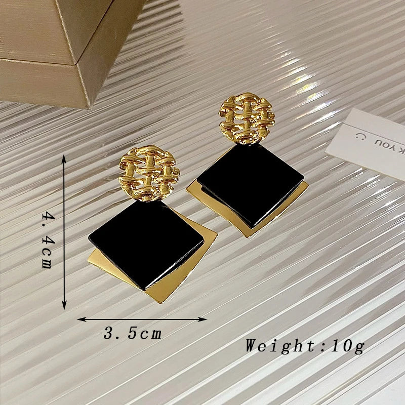 Double Color Rhombus Shape Dangle Earrings for Women Hollow Golden Metal Lattice Drop Earrings Geometry Party Punk Jewelry