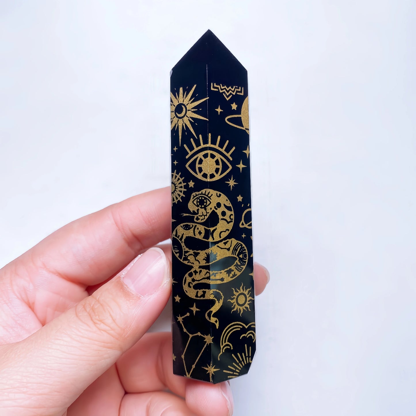 8-10cm Natural Black Obsidian Column Tower Crystal Stone Chakra Moon Snake Symbols Point Healing Obelisk Sticks Home Decor Gift