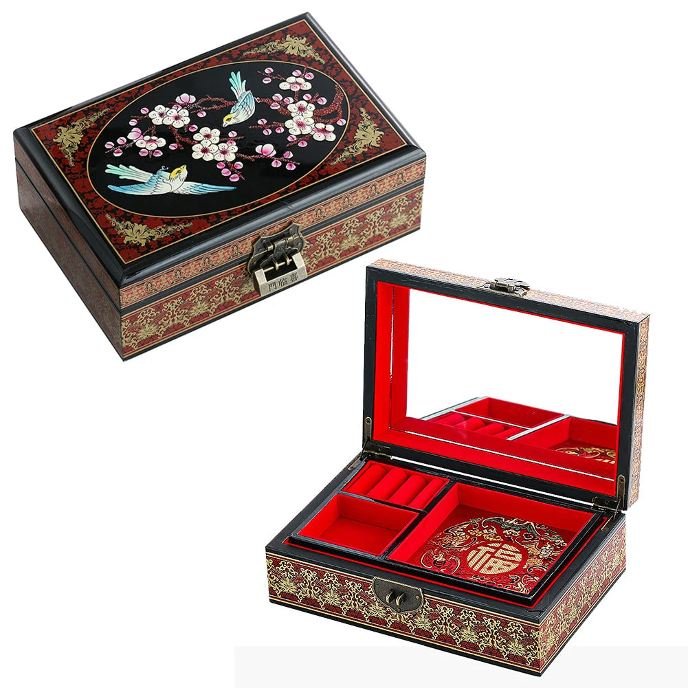 Muy Bien Chinese Style Wooden Jewelry Box Organizer Antiquity Push-gloss Lacquerware Makeup Jewelry Storage Case Wedding Gift