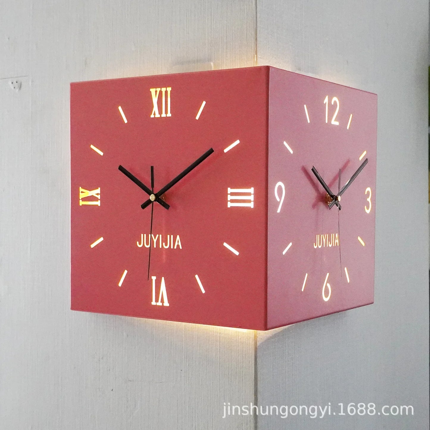 Living Room Glow Corner Clock Metal Double-sided Wall Hanging Clock Wall Decoration Bedroom Background Wall Sticker Silent Clock