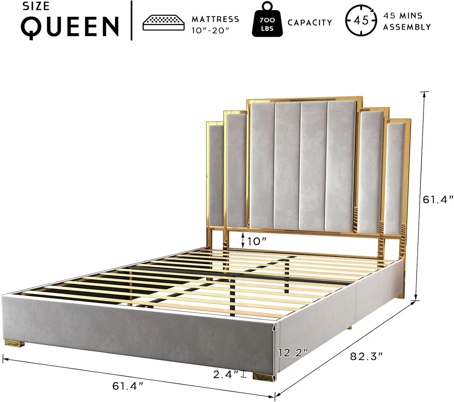 Bed Frame and 61" Headboard, Upholstered Bed with Golden Plating Trim, Modern Platform Bed No Box Spring Needed