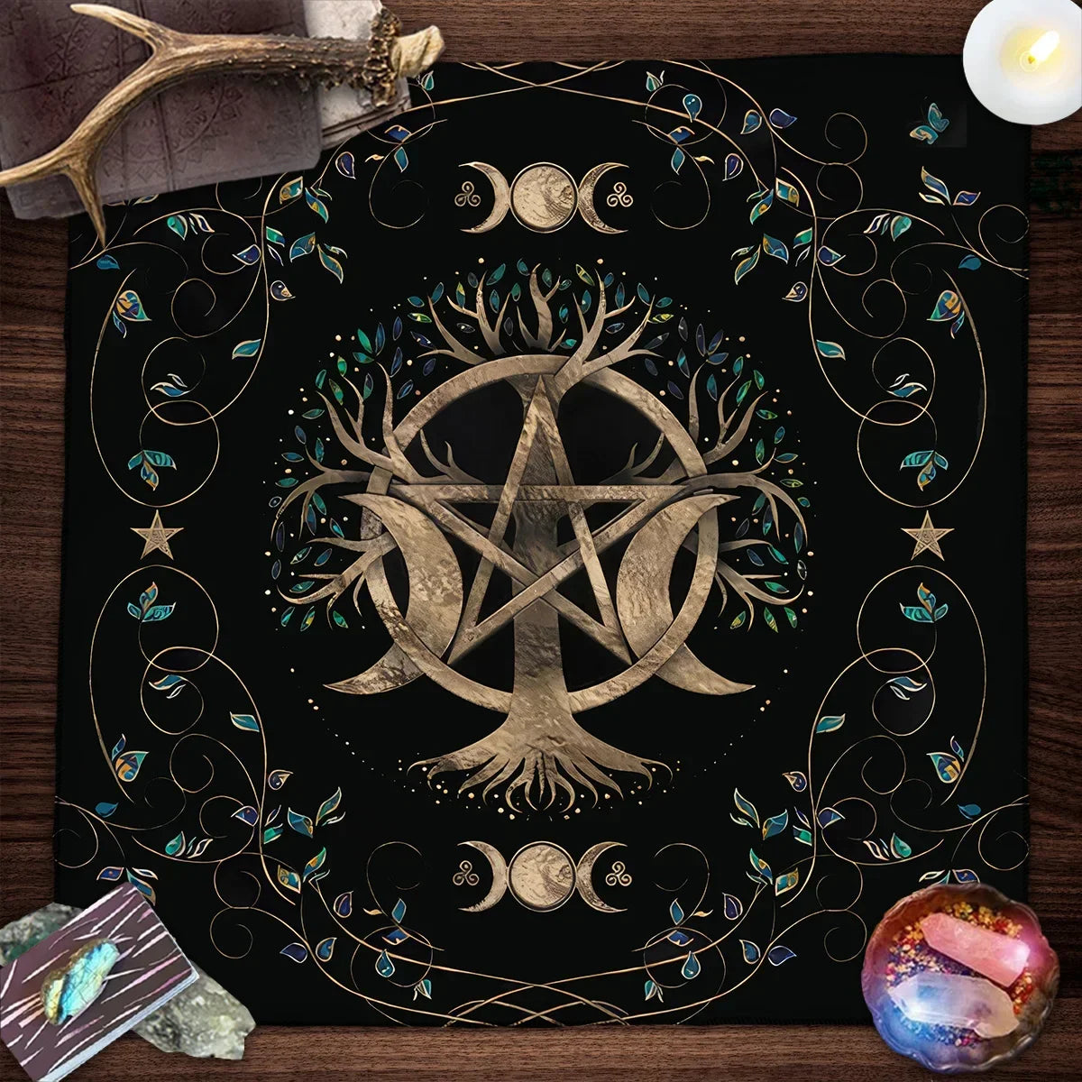 Tree Of Life Tarot Card Tablecloth Moon Phase Plants Table Cloth For Tarot Witch Wicca Altar Cloth Divination Cloth Card Pad