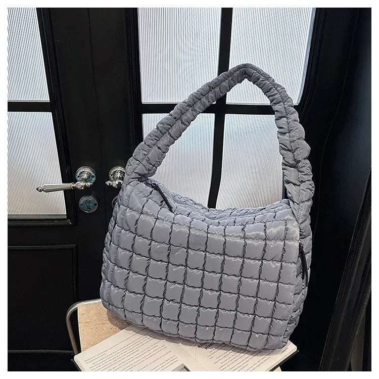 Casual Ruched Hobos Women Shoulder Bags Quilted Padded Crossbody Bag Large Capacity Nylon Puffer Tote Bag Big Shopper Purses