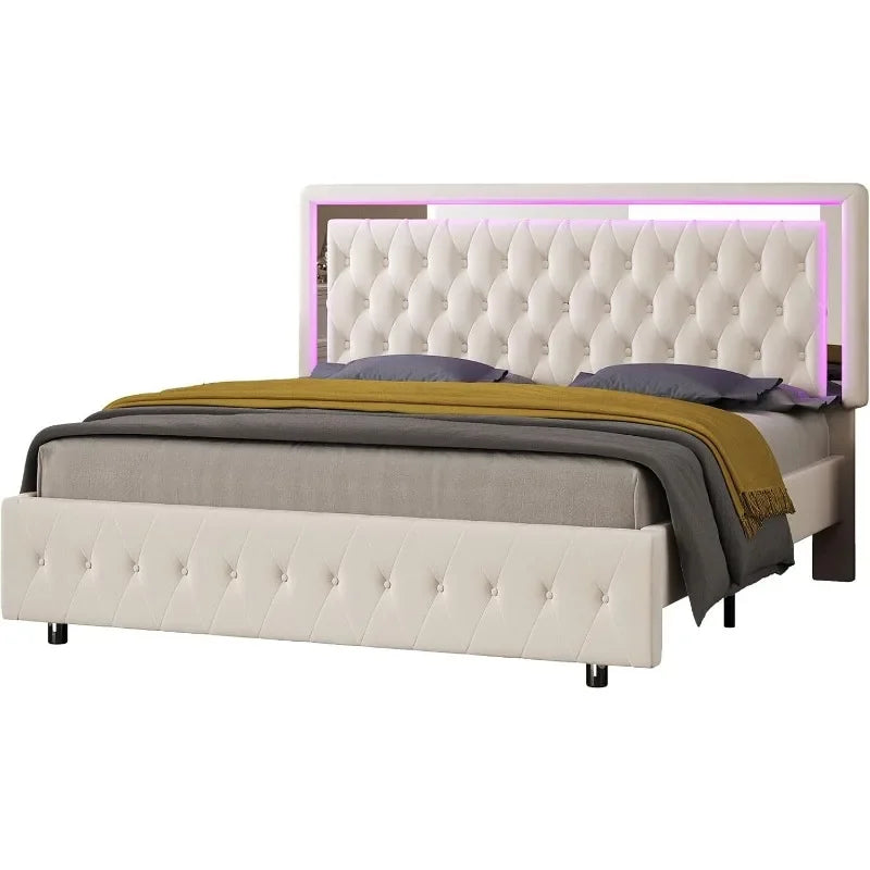 Full Bed Frame with LED Lights Headboard&Footboard, Velvet Upholstered Full Size Platform Bed Frame No Box Spring Needed/Cream