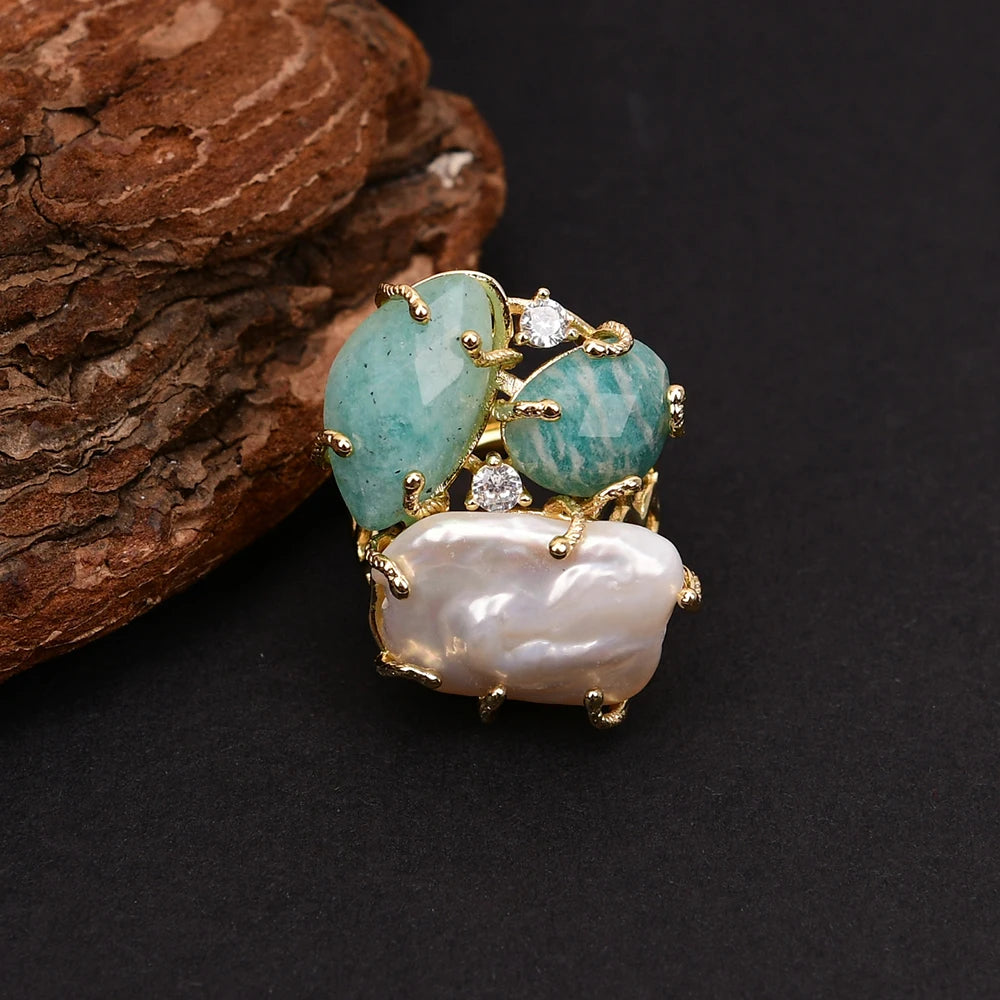 GG Natural White Keshi Pearl Green Amazonite Stone Gold Color Plated Rings Adjustable Ring For Lady