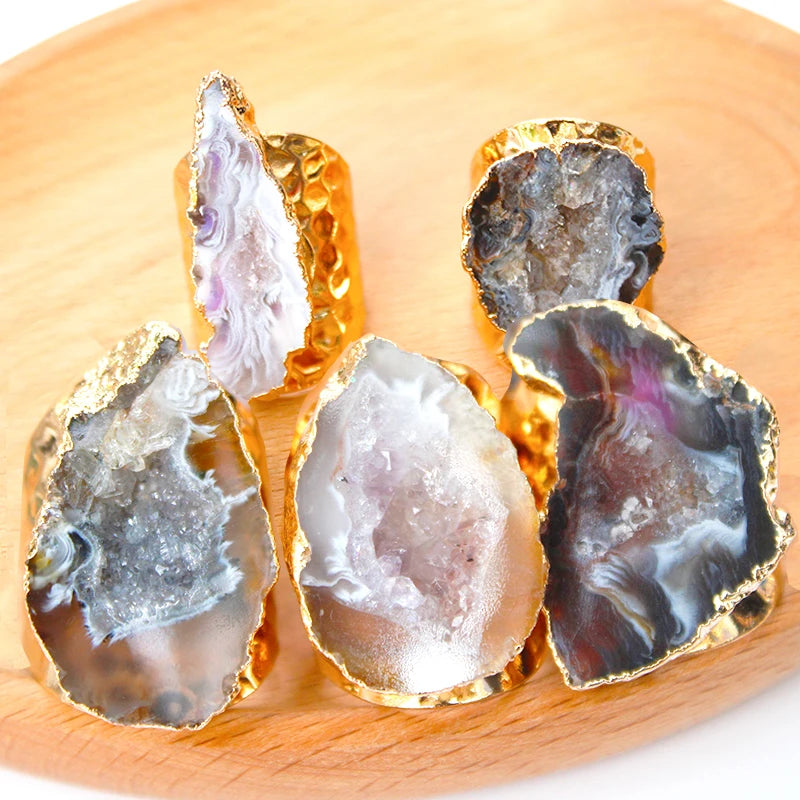 Irregular Raw Agate Slices Ring Geode Stone Adjustable Gold Plated Open Wide Gemstone Finger Handmade Jewelry