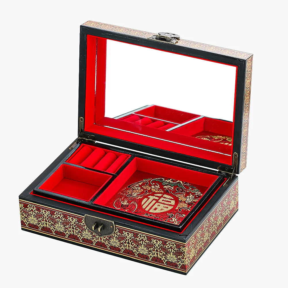 Muy Bien Chinese Style Wooden Jewelry Box Organizer Antiquity Push-gloss Lacquerware Makeup Jewelry Storage Case Wedding Gift