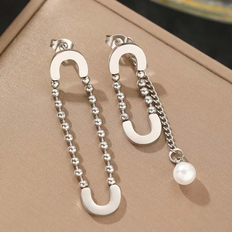 Stainless Steel Gold Color Pin Pendant Earrings For Women Fashion Design Long Tassel Chain Pearl Hanging Earrings Jewelry Gift