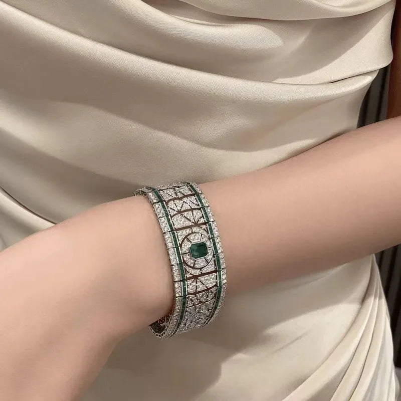 ZOCA Pure 925 Sterling Silver White Gold Plated Cultivated Emerald Gem Bracelet for Women Party Bangle Luxury Jewelry