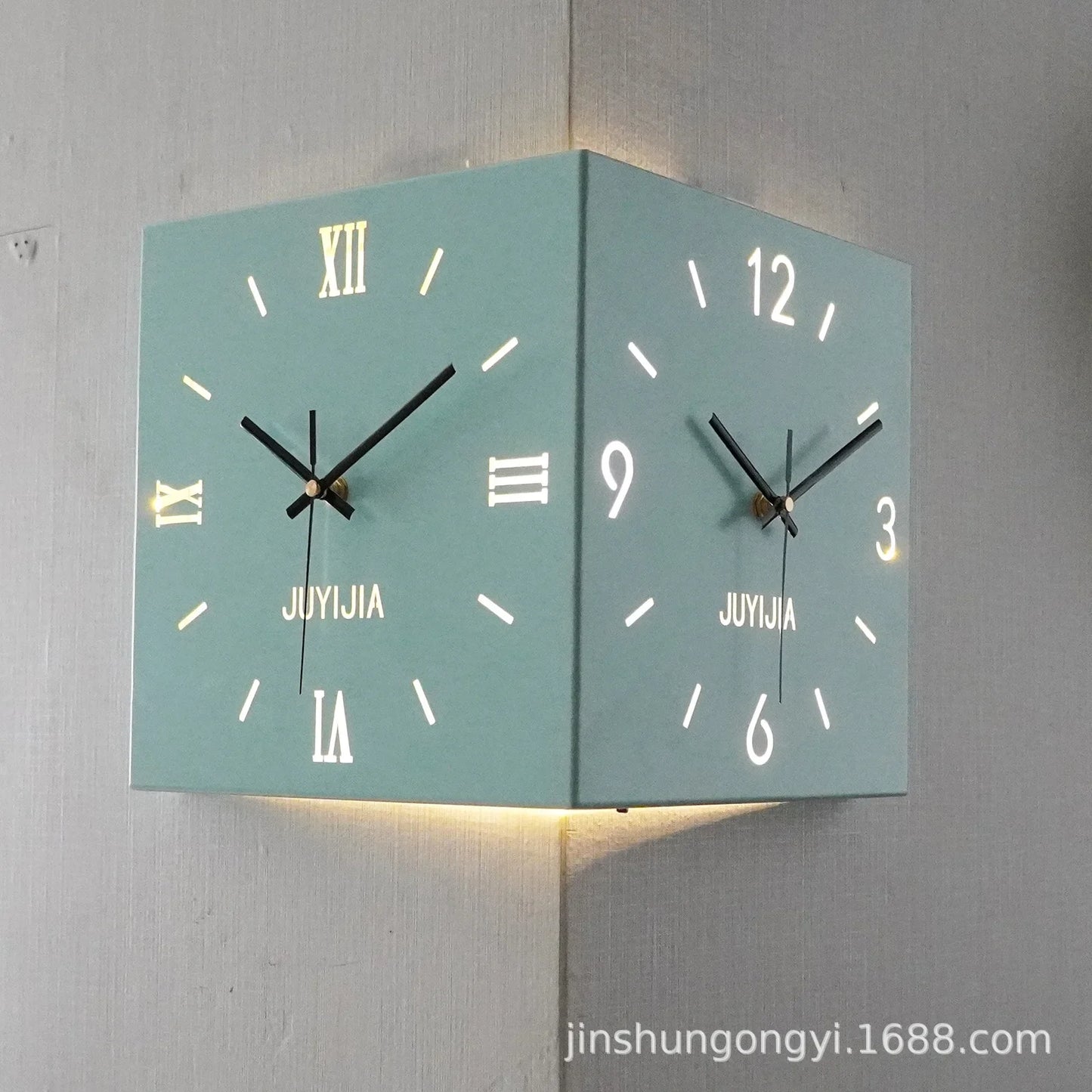 Living Room Glow Corner Clock Metal Double-sided Wall Hanging Clock Wall Decoration Bedroom Background Wall Sticker Silent Clock