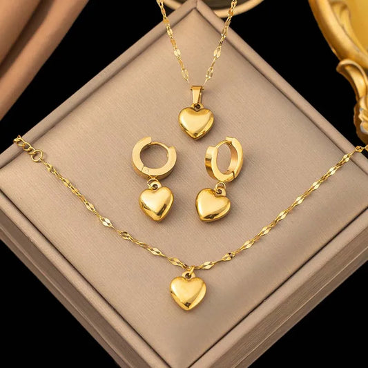 Stainless Steel Love Heart Pendant Necklace Earrings Set For Women 2025 New Trendy Gold Color Lip Chain Necklace Jewelry Gift