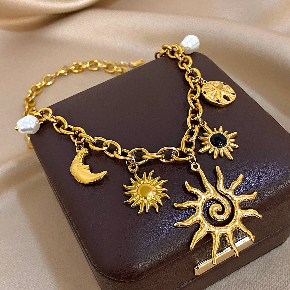 Vintage Chunky Chic Starfish Moon Sun Shaped Pendant Stainless Steel Charm Necklace Statement Golden Thick Chain Fashion Jewlery