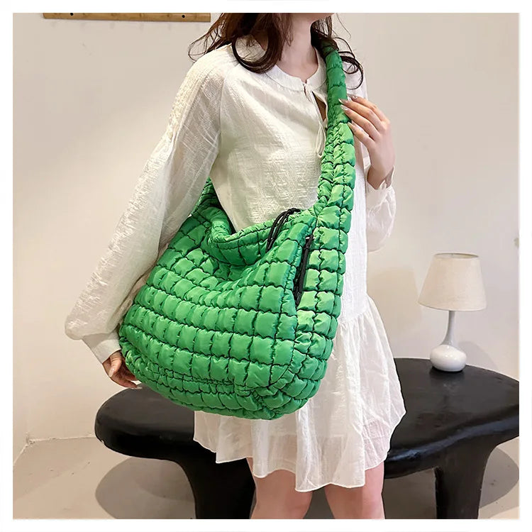 Casual Ruched Hobos Women Shoulder Bags Quilted Padded Crossbody Bag Large Capacity Nylon Puffer Tote Bag Big Shopper Purses