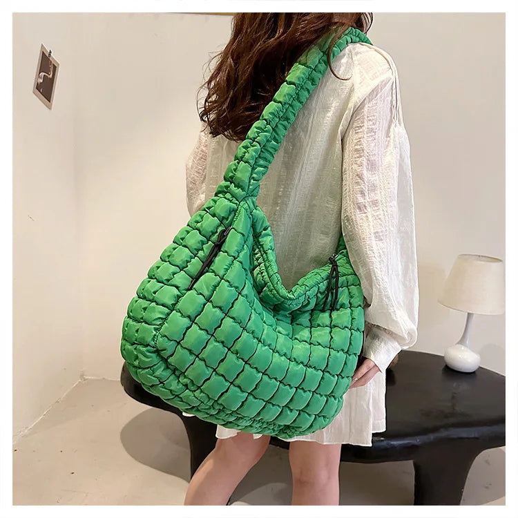 Casual Ruched Hobos Women Shoulder Bags Quilted Padded Crossbody Bag Large Capacity Nylon Puffer Tote Bag Big Shopper Purses