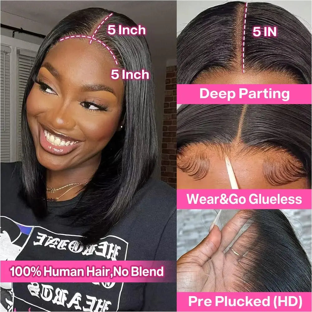 Wear and Go Glueless Wig Bob Human Hair Straight Short Bob Wig Human Hair Gluleless Wigs For Beginner Lace Closure Wig For Women