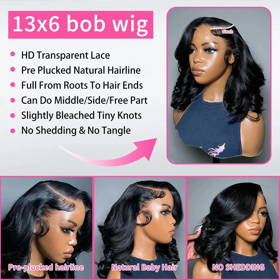 Brazilian Body Wave Short Bob 13x4 13x6 HD Transparent Lace Front Human Hair Wigs 5x5 high density Pre Plucked Lace Frontal Wig