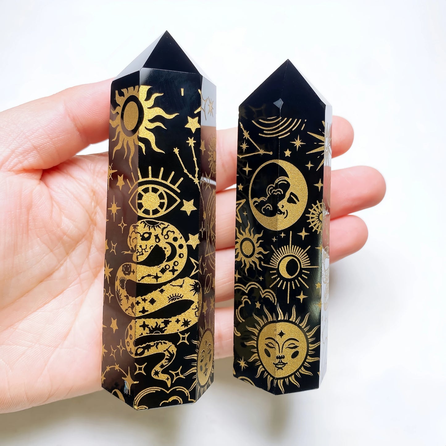 8-10cm Natural Black Obsidian Column Tower Crystal Stone Chakra Moon Snake Symbols Point Healing Obelisk Sticks Home Decor Gift