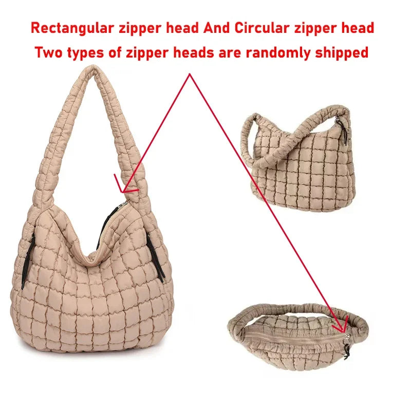 Casual Ruched Hobos Women Shoulder Bags Quilted Padded Crossbody Bag Large Capacity Nylon Puffer Tote Bag Big Shopper Purses